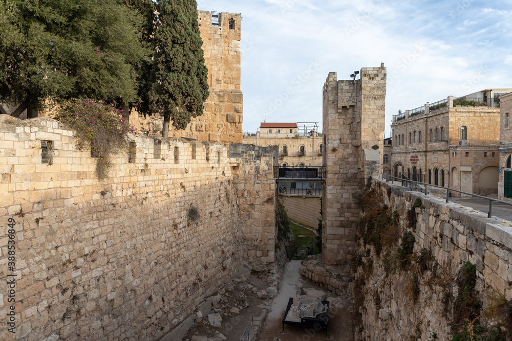The dug moat near the walls of the City of David in the old city of Jerusalem, Israel