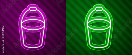 Glowing neon line Fire bucket icon isolated on purple and green background. Metal bucket empty or with water for fire fighting. Vector.
