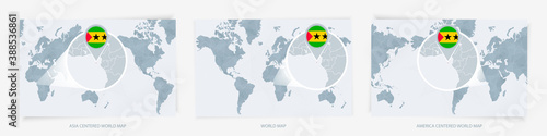 Three versions of the World Map with the enlarged map of Sao Tome and Principe with flag.