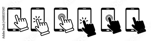 Hand touch screen smartphone icon. Click on the smartphone. Vector icon