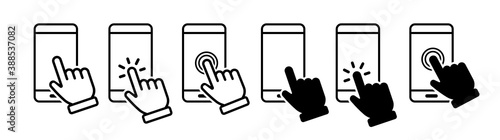 Hand touch screen smartphone icon. Click on the smartphone. Vector icon