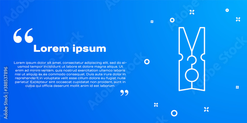 White line Old wood clothes pin icon isolated on blue background. Clothes peg. Vector.