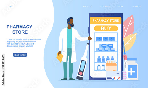 Concept of online pharmacy store. Pharmacy delivery. Can use for web banner, infographics. Flat cartoon vector illustration isolated on white and blue background