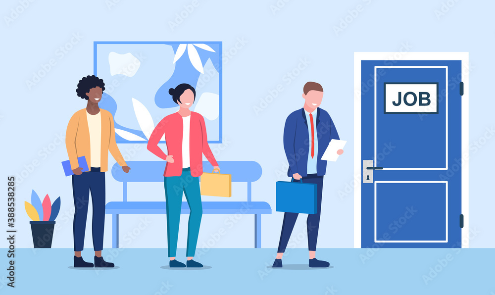 Queue to work multiracial man and women. Future cooperation. Standing in front of the door to work. Job search, hiring. Competition for place at work. Flat cartoon vector illustration Queue to work multiracial man and women. Future cooperation. Standing in front of the door to work. Job search, hiring. Competition for place at work. Flat cartoon vector illustration