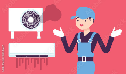 Air Conditioner unit system breakdown, damage after neglecting a regular maintenance. Repair technician in trouble, puzzled with broken ac, split system problem. Vector creative stylized illustration