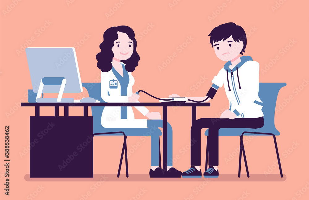 Blood pressure measurement, medicine test for young boy. Nurse, female doctor at table checking and examine patient health with aneroid sphygmomanometer. Vector creative stylized illustration