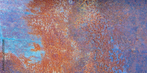 Background of rusty metal texture with traces of corrosion. Panorama.