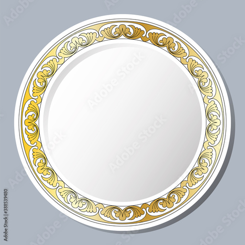 Decorative plate with vintage ornament. Circular floral gold frame