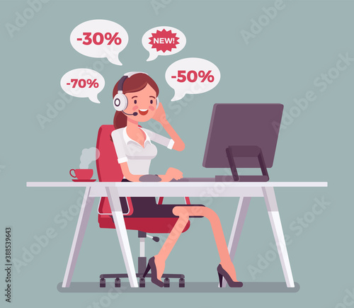 Salesperson cold calling by telephone to potential customer. Attractive female operator, telemarketing assistant advertising, selling spam product, service. Vector flat style cartoon illustration