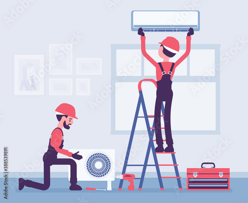 Air Conditioner installation by service technicians at home. Professional crew working in a room to handle new split system outdoor unit and indoor cabinet. Vector creative stylized illustration
