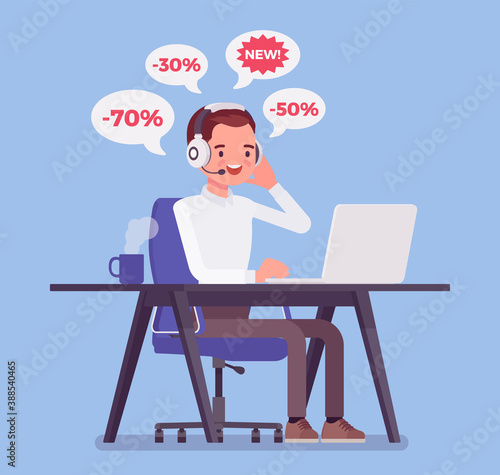 Salesperson cold calling by telephone to potential customer. Male operator, telemarketing assistant advertising, selling spam product useless service for client. Vector flat style cartoon illustration