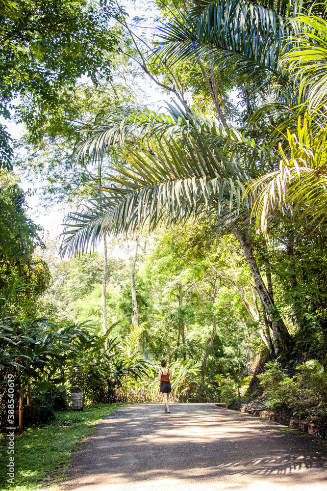 Junge Frau läuft auf einem Weg durch den Dschungel, Laos 
