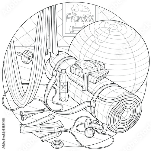 Fitness equipment.
Fitness mat, ball, skipping rope, fitness rubber bands.Coloring book antistress for children and adults. Illustration isolated on white background.Zen-tangle style.