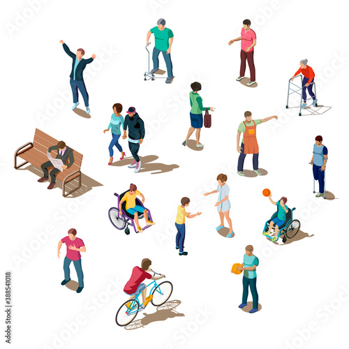 Isometric 3d set of different people. Young and old characters who walk, play, ride or communicate. Disabled humans are walking with walker, crutches, cane or on wheelchair. Businessman read newspaper