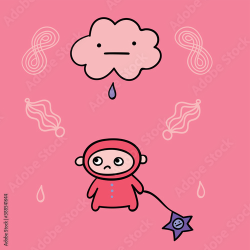 sad little man drags a sad star and a drop of rain falls on him. vector kid illustration