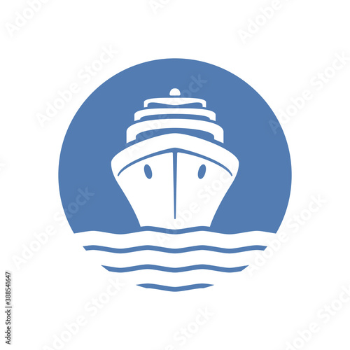 Sea ship graphic icon. Cruise liner in the circle sign isolated on white background.  Sea cruise symbol. Vector illustration