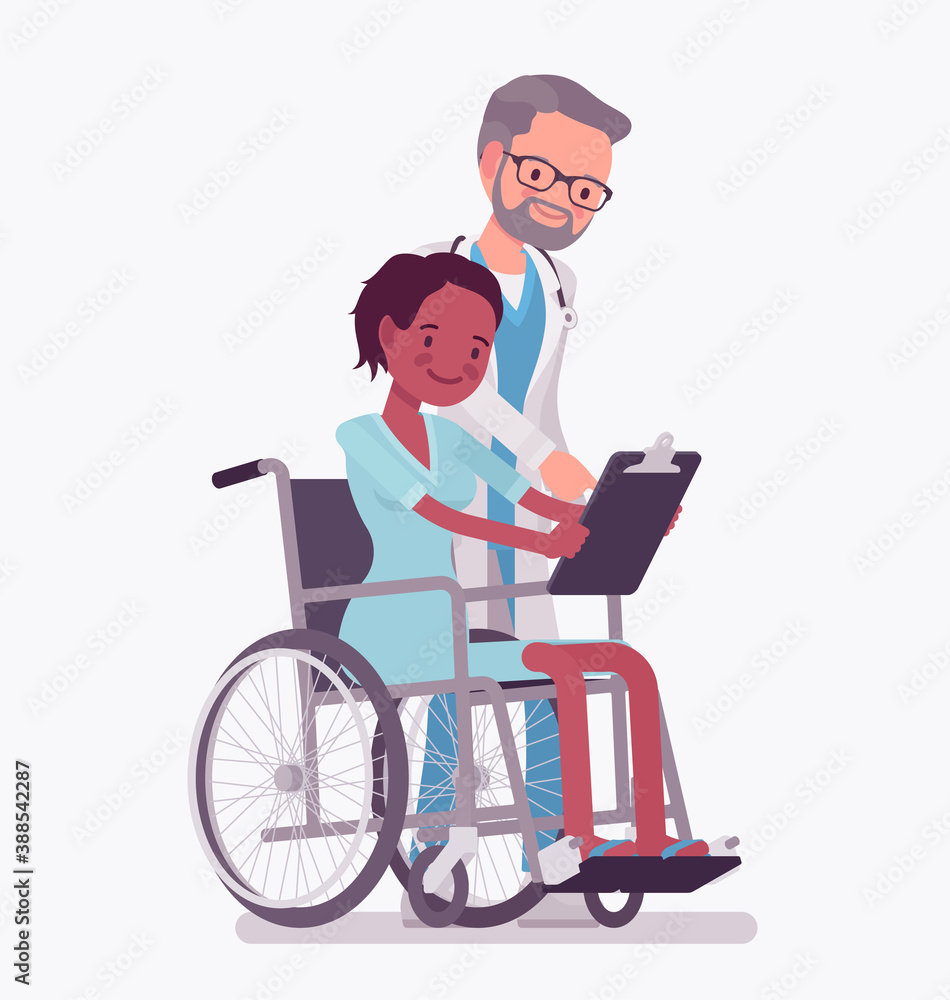 Disability insurance compensation benefit, disabled wheelchair woman. Sick, injured patient, health care coverage social security. Vector flat style cartoon illustration isolated on white background