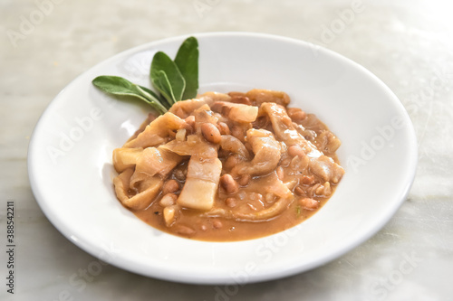typical soup from Italy called Pasta e fagioli with pasta handmade