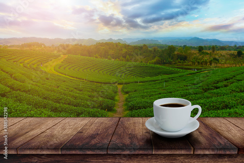 White cup of hot coffee on wooden table with tea plantation with sun light background