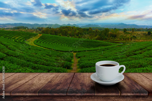 White cup of hot coffee on wooden table with tea plantation background