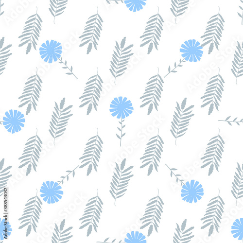 Seamless vector background. Decorative texture. Colorful pattern with blue flowers and grey leaves
