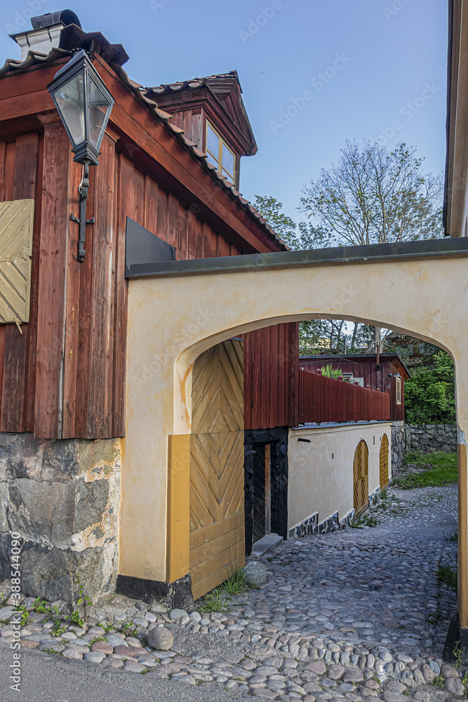 Fototapeta premium Traditional architecture of old Swedish building at Djurgarden island, historic recreational area. Stockholm, Sweden.