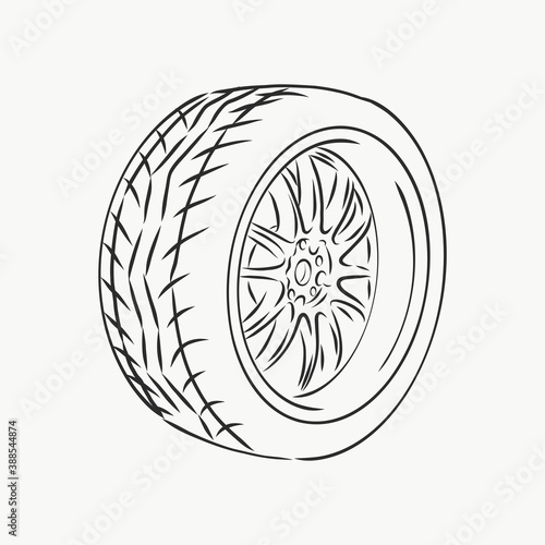 Car wheel vector sketch icon isolated on background. Hand drawn car wheel, vector sketch illustration