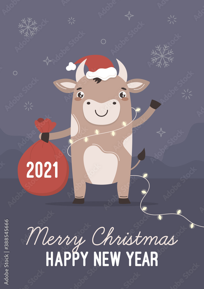 Chinese new year symbol 2021 Ox. Merry Christmas. A bull with a bag of gifts and a garland. Cartoon vector for printing postcards or posters in A4 format