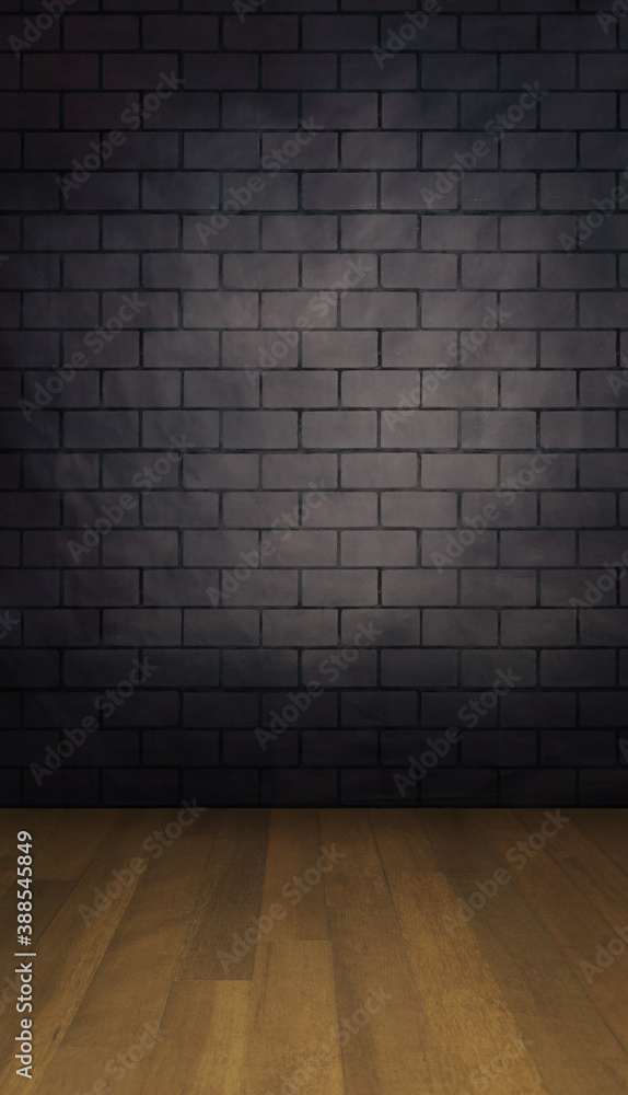 Fashion brick wall studio backdrop with wooden planks floor in a portrait mode to use as a backdrop with your product or model advertisement photoshoot