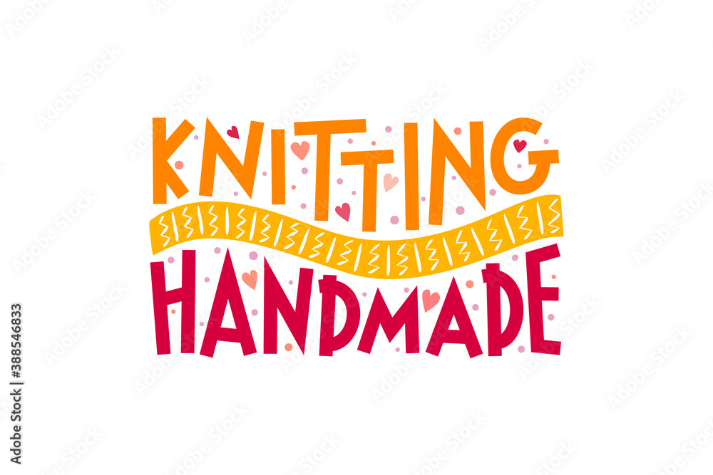 Lettering logo for handmade knitting. Isolated on white background emblem with a knitted scarf and funny letters. Vector illustration for craftswomen, needlework. Lettering logo for handmade knitting. Isolated on white background emblem with a knitted scarf and funny letters. Vector illustration for craftswomen, needlework.