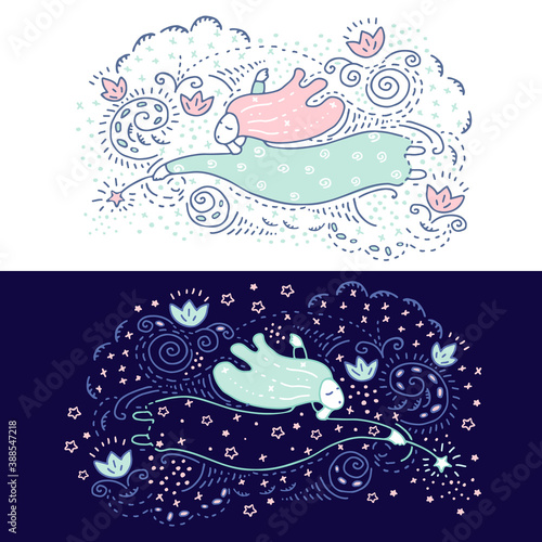 A girl with a magic wand flies and scatters magic dust. Fabulous fairies of day and night. Hand drawn illustration isolated from background.