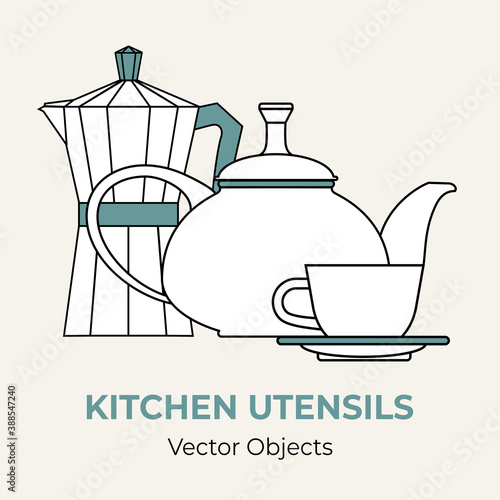 Tea cup teapot moka pot saucer simple form vector illustration. Vector line illustration isolated logo icon cafe menu banner flayer. Dishware coffee shop. Moka pot coffee mug teapot isolate background