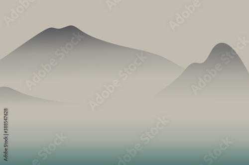 Traditional mountains and lake with fog on old paper