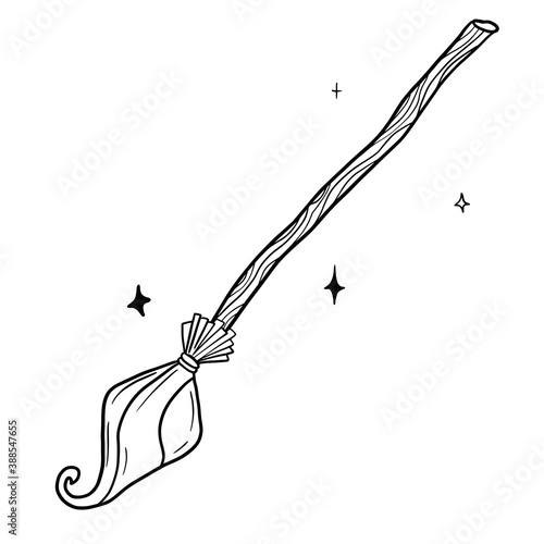 Hand drawn vector isolated flying broom icon. Black outline illustration of witch broom. Witchcraft aesthetic tools.