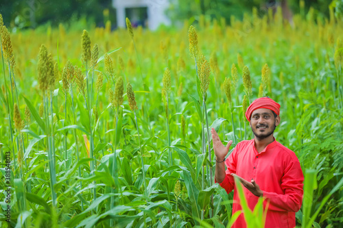 indian farmer standing in sorghum field