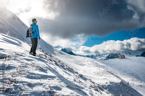 hiker on Col de Balme in snow © schame87