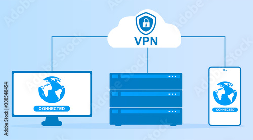 VPN service concept. Communication between digital devices. Can be use for, landing page, web, ui, banner, flyer poster template, background. Flat vector illustration