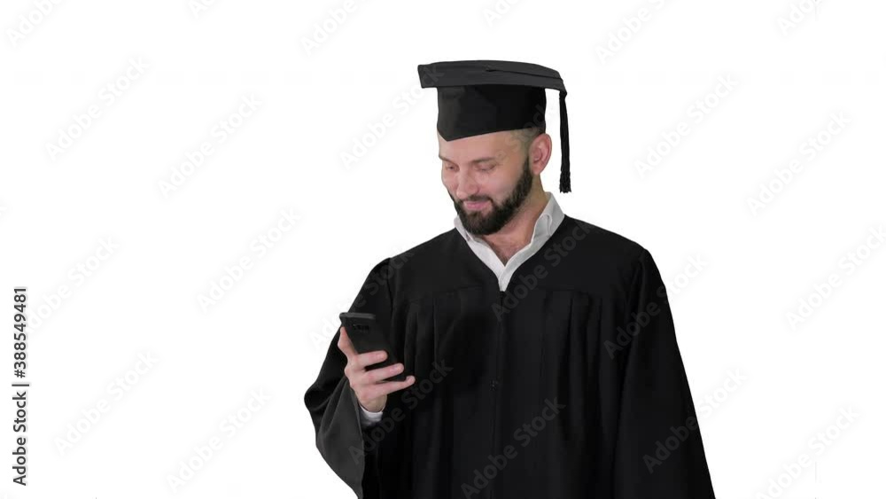 Graduate student texting on the phone on white background. Graduate student texting on the phone on white background.