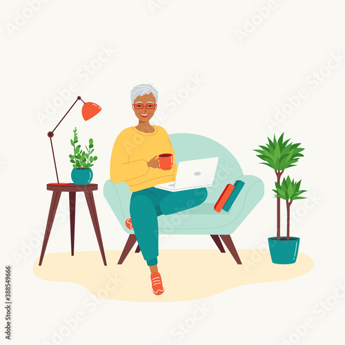 Senior gray-haired woman sitting with a laptop in a chair. Concept of using modern technologies by the elderly, retirees. Remote work from home, retraining, e-learning. Isolated vector illustration
