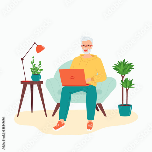 Senior gray-haired man sitting with a laptop in a chair. Concept of using modern technologies by the elderly, retirees. Remote work from home, retraining, e-learning. Isolated vector illustration