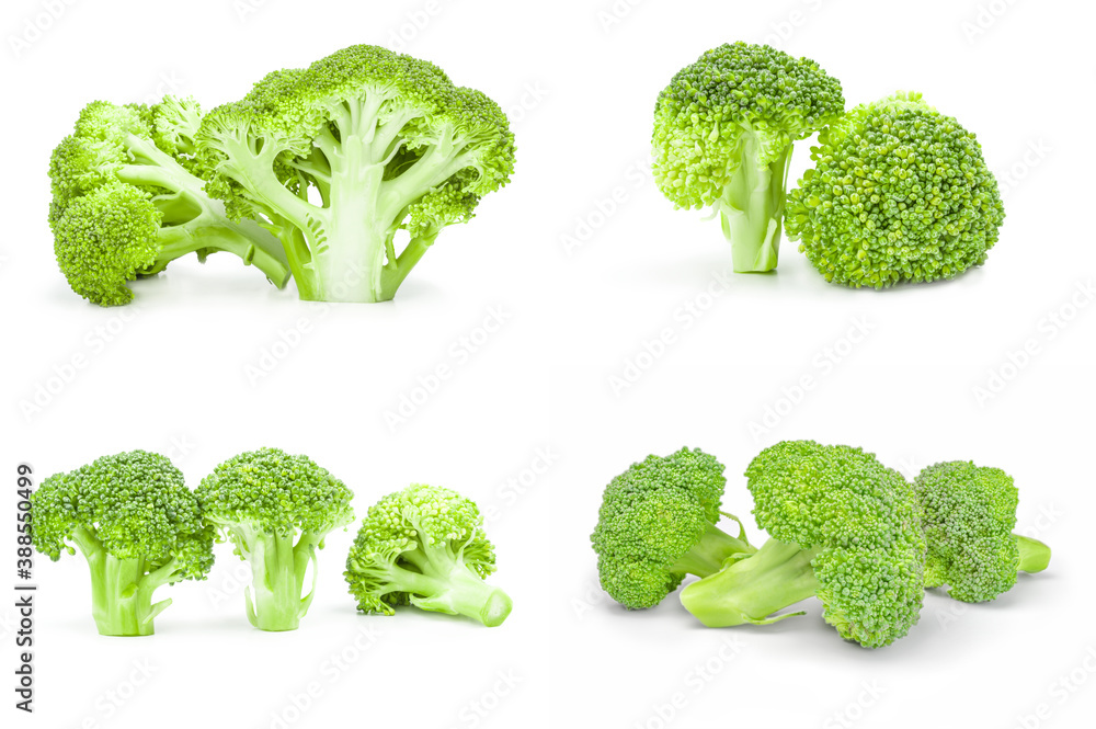 Collage of broccoli floret on a white background clipping path Collage of broccoli floret on a white background clipping path