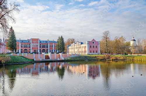 Marfino, Moscow region, Russia - October 26, 2017: The Estate Marfino. View of the main manor house and the Western wing from the pond