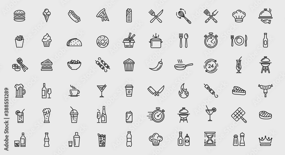 Obraz premium Vector 60 food and restaurant icons set. Barbecue, cooking classes, kitchen icons set isolated on white background. Vector illustration