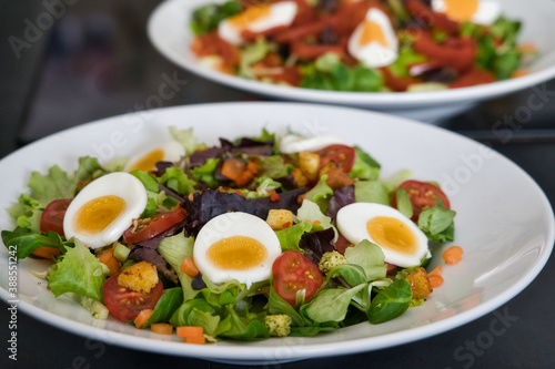 Gemischter Bio Salat Teller mit Tomaten, Eier, Schinken und Croutons, Produktbild, Low Carb Diät
