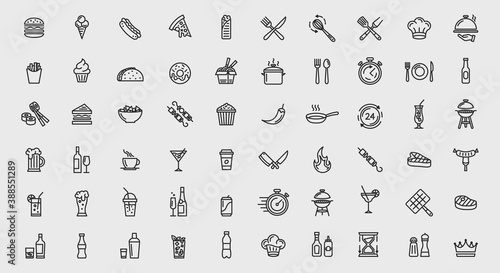 Vector 60 food and restaurant icons set. Barbecue, cooking classes, kitchen icons set isolated on white background. Vector illustration