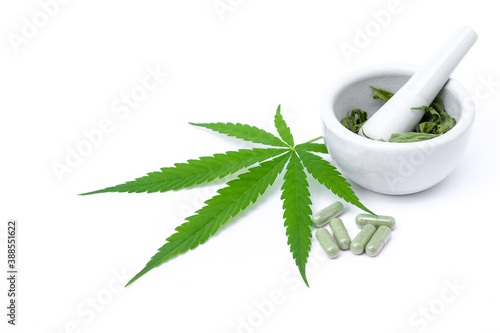 Dry cannabis leaves in ceramic mortar with cannabis green leaf and capsules isolated on white background.