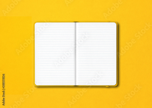 Yellow open lined notebook isolated on colorful background