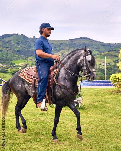 Man riding a horse in farm outdoors. Man on horse galloping outdoor. Life style. © ValenPh