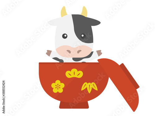 お椀に入った牛のキャラクターのイラスト