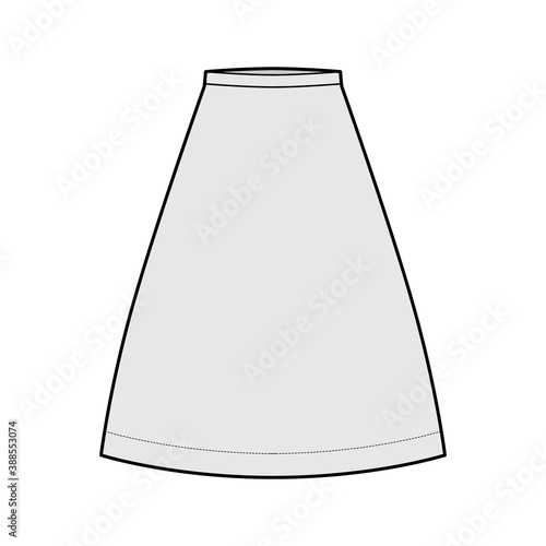 Skirt A-line fullness technical fashion illustration with knee lengths, straight, thin waistband. Flat bottom apparel template front, grey color style. Women, men, unisex CAD mockup